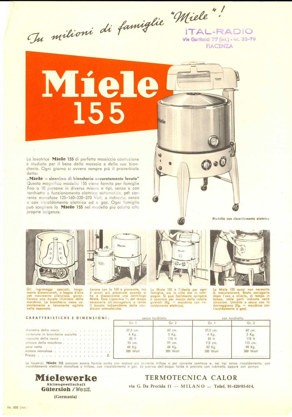 Materiale pubblicitario d’epoca 1955 ca MILANO TERMOTECNICA Volantino MIELE Lavatrice Mod. 155 Pubblicità 2 1