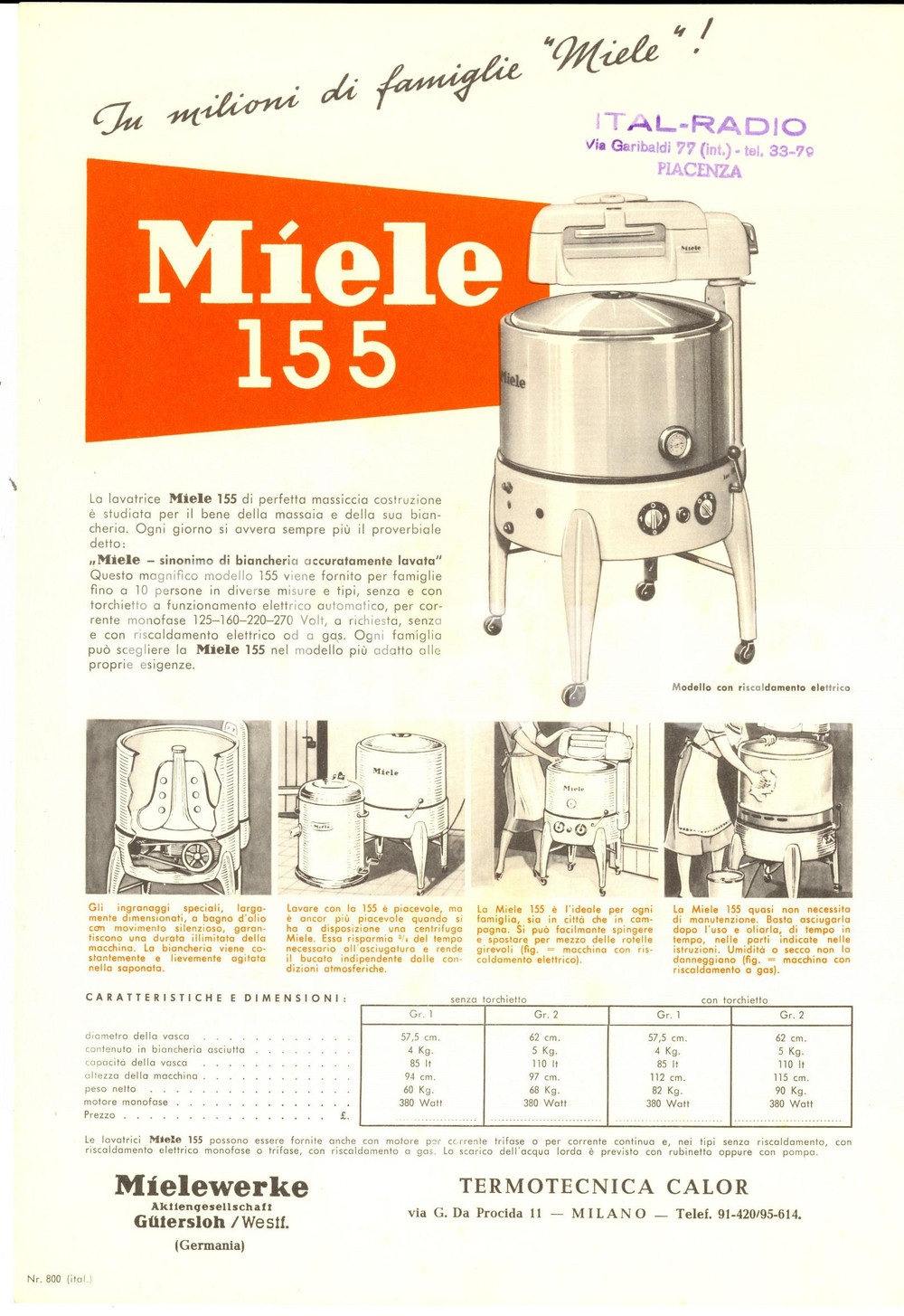 Materiale pubblicitario d’epoca 1955 ca MILANO TERMOTECNICA Volantino MIELE Lavatrice Mod. 155 Pubblicità 3 1