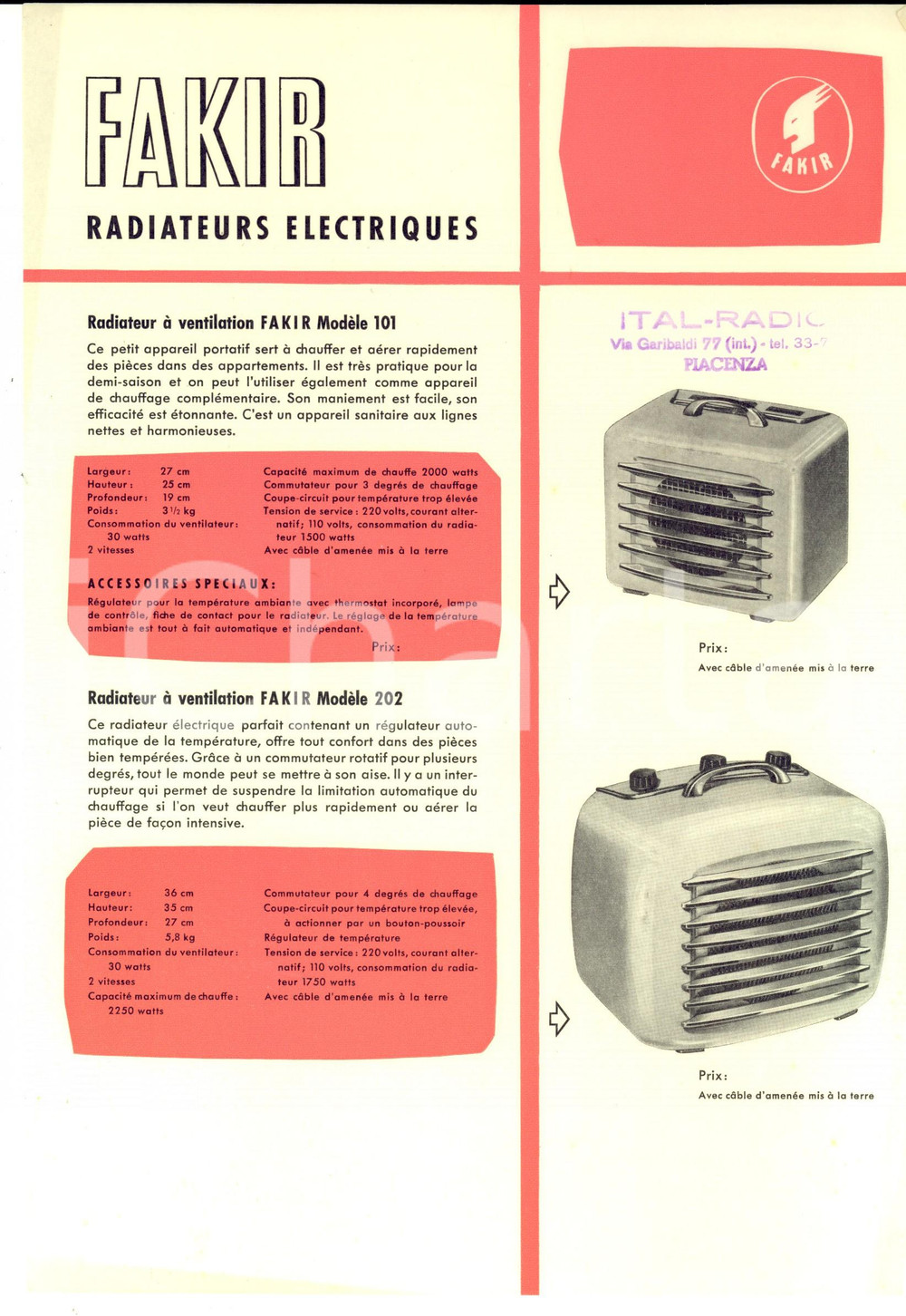 Materiale pubblicitario d’epoca 1955 ca PIACENZA ITALRADIO Volantino FAKIR radiatori elettrici Volantino 1