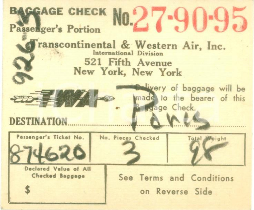 Materiale pubblicitario d’epoca 1949 TRANSCONTINENTAL & WESTERN AIR Baggage check Etichetta bagagli 2 1