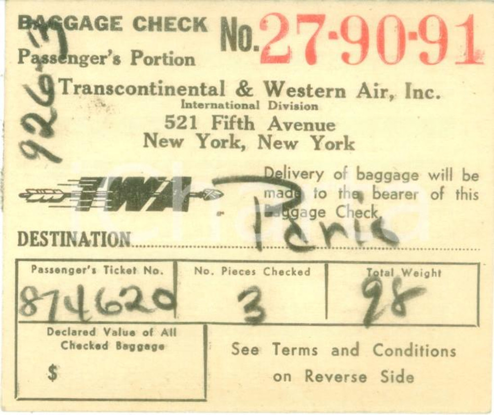 Materiale pubblicitario d’epoca 1949 TRANSCONTINENTAL & WESTERN AIR Baggage check Etichetta bagagli 3 1