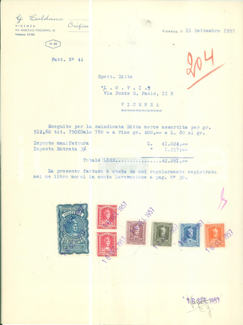 Documento originale, autentico 1957 VICENZA Orefice G. CALDANA Fattura commerciale con marche da bollo 1