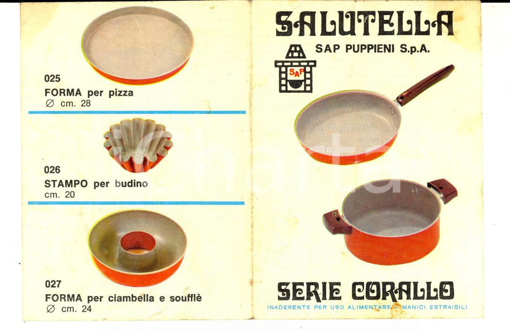 Materiale pubblicitario d’epoca 1960 ca Ditta PUPPIENI Pentole SALUTELLA  Serie CORALLO Volantino pubblicitario 1