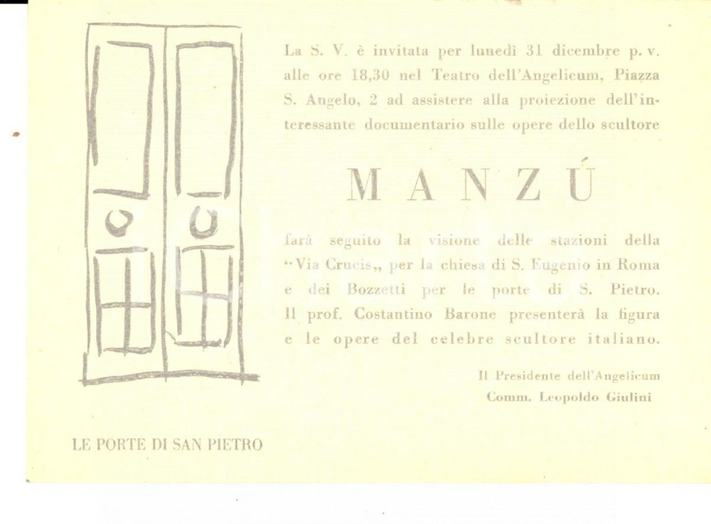 Oggetto da collezione cartaceo 1950 ca MILANO Teatro dell ANGELICUM Invito per documentario Giacomo MANZU  1 1