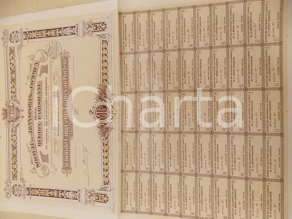 Oggetto da collezione cartaceo 1930 ca PARIS Société Transports en Commun Région Parisienne Action 500 Francs 1