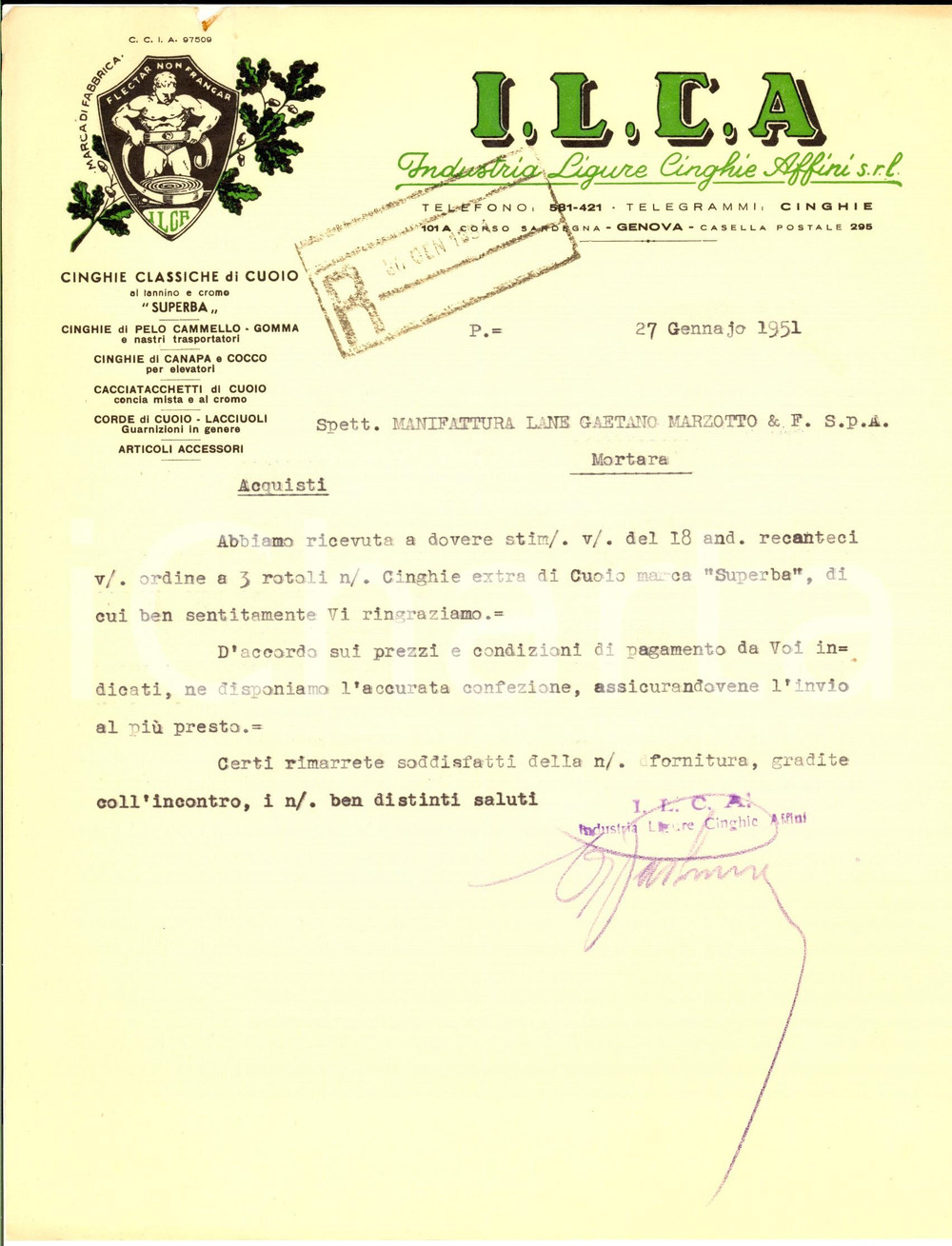 Manoscritto, lettera originale 1951 GENOVA I.L.C.A. Industria Ligure Cinghie Affini  Lettera commerciale 2 1