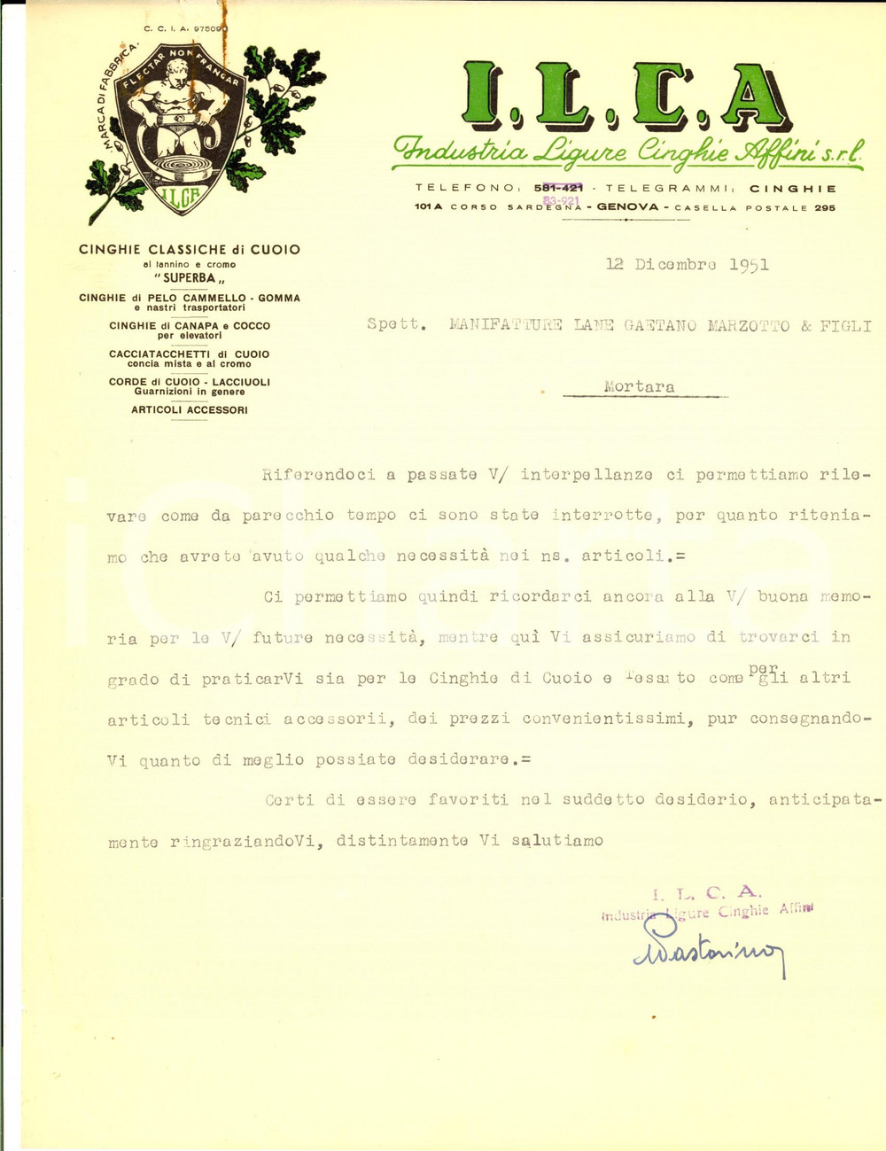Manoscritto, lettera originale 1951 GENOVA I.L.C.A. Industria Ligure Cinghie Affini  Lettera commerciale 3 1