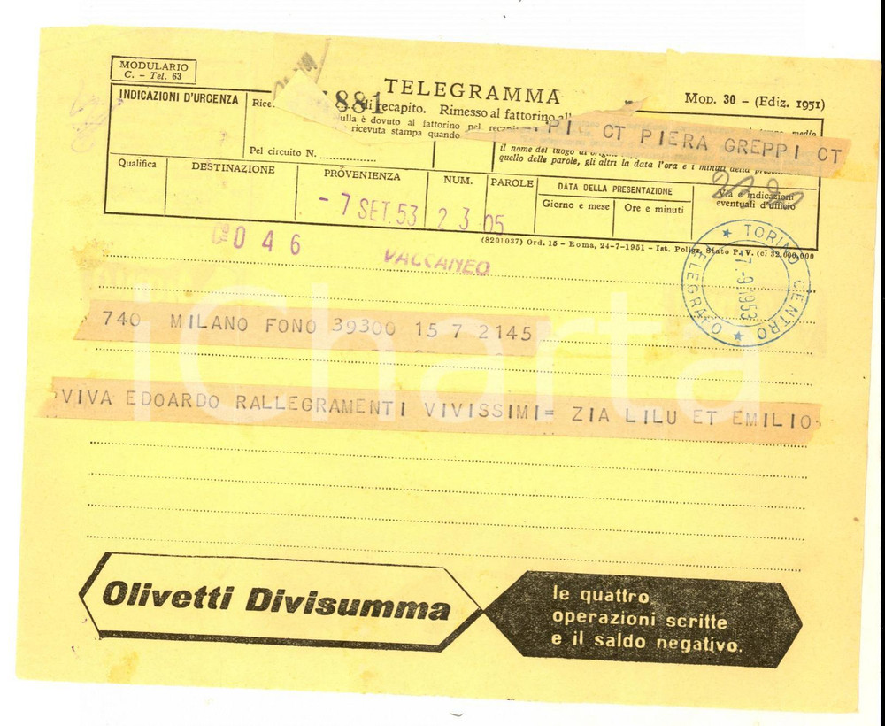 Documento originale, autentico 1953 TORINO Telegramma pubblicitario OLIVETTI DIVISUMMA  YOMO VINTAGE 1