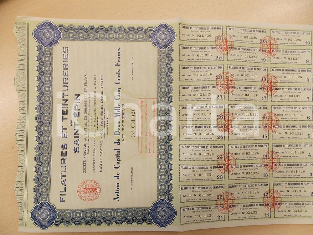 Oggetto da collezione cartaceo 1959 FRANCE Filatures et Teintureries SAINTEPIN Action 2500 Francs porteur 3 1