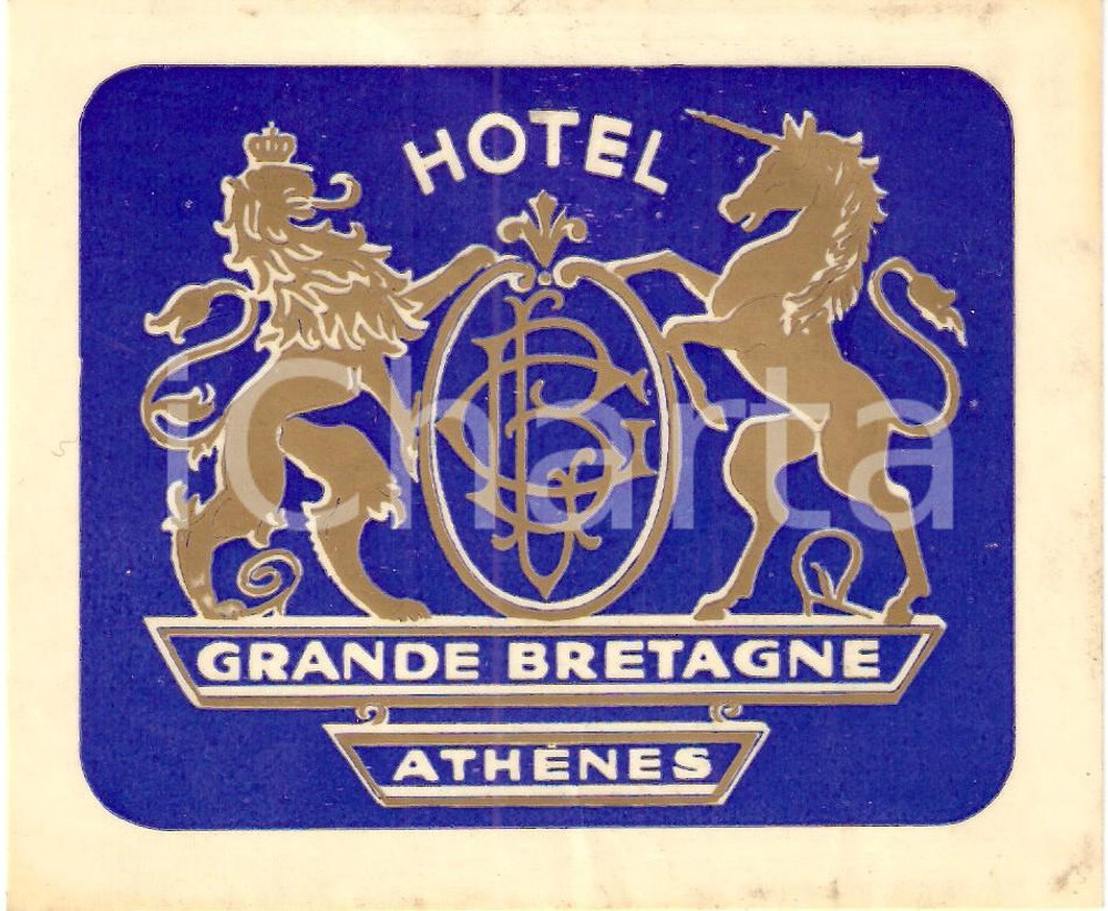 Materiale pubblicitario d’epoca 1970 ca ATENE Hotel GRANDE BRETAGNE Adesivo pubblicitario ILLUSTRATO 1