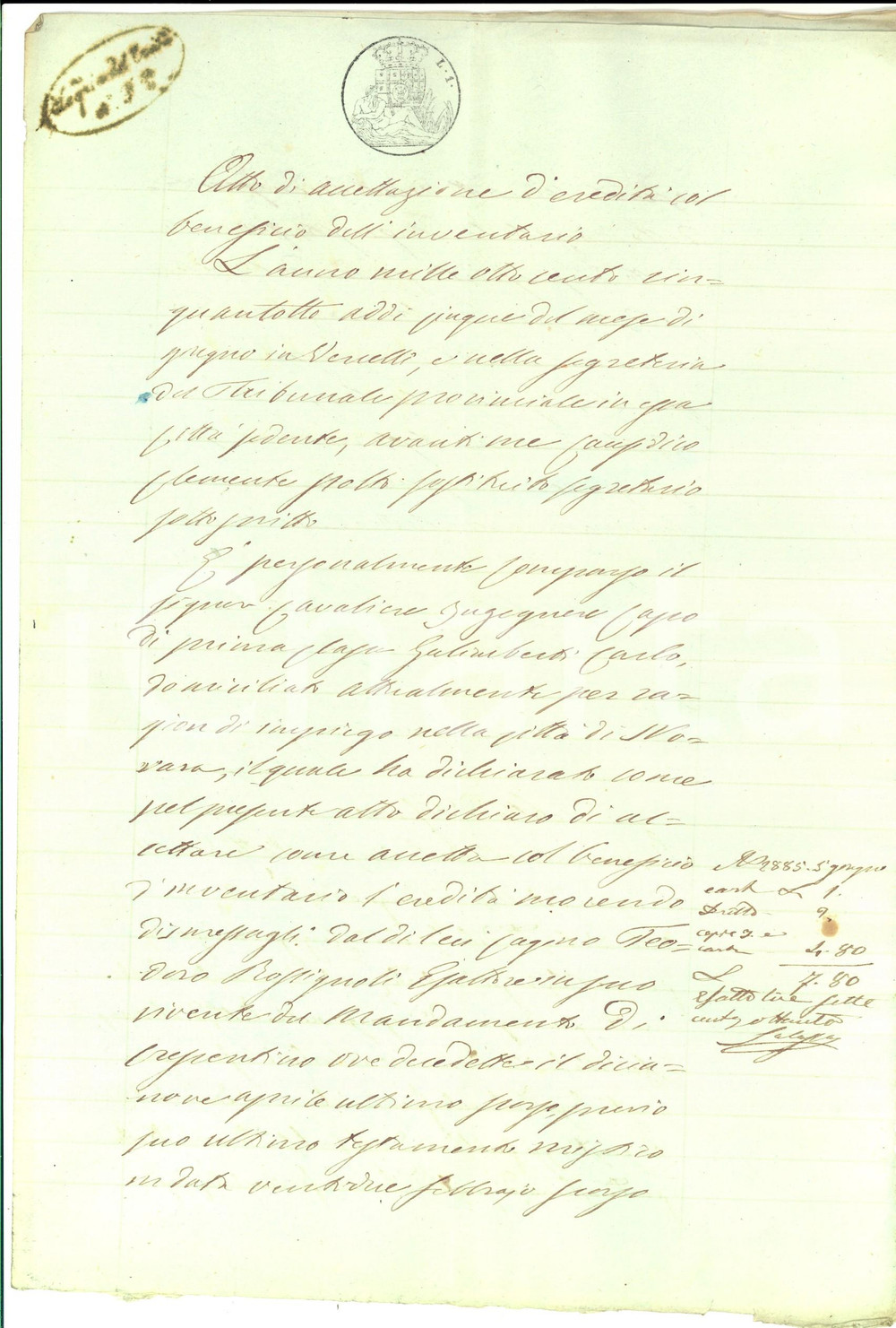 Documento originale, autentico 1858 CRESCENTINO VC Carlo GALIMBERTI accetta eredità Teodoro ROSSIGNOLI 1