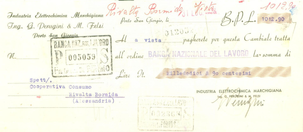 Documento originale, autentico 1942 PORTO SAN GIORGIO FM Industria elettrochimica PERUGINI & FELSI Cambiale 1