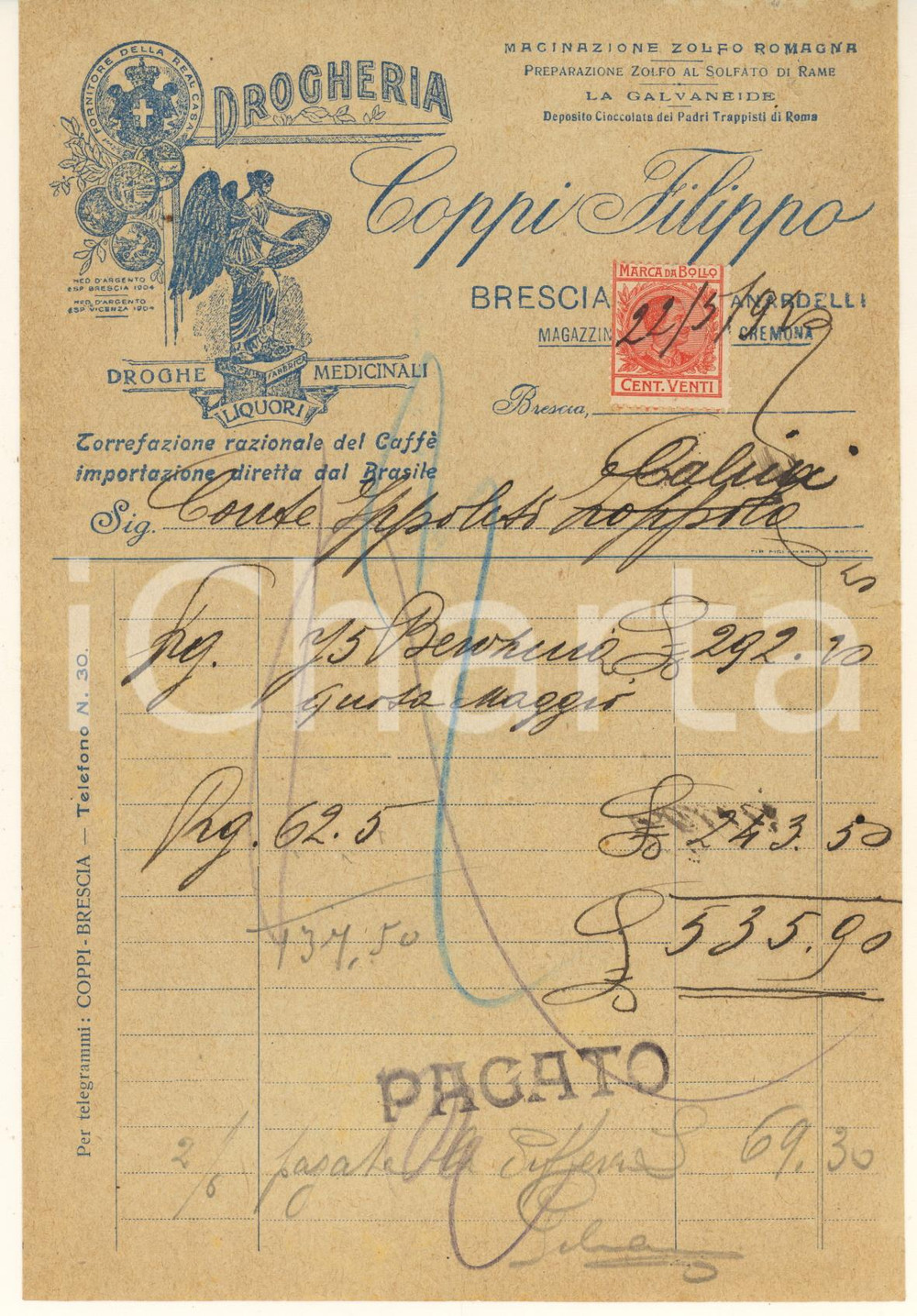 1910 BRESCIA Drogheria COPPI Filippo - Torrefazione - Fattura ILLUSTRATA Fattura commerciale d'epoca, manoscritta, su carta intestata.(Rif. A198) CONDIZIONI:FAIR/discreto piegature d'epocaFORMATO: 15x21 cm originale e autentica 1