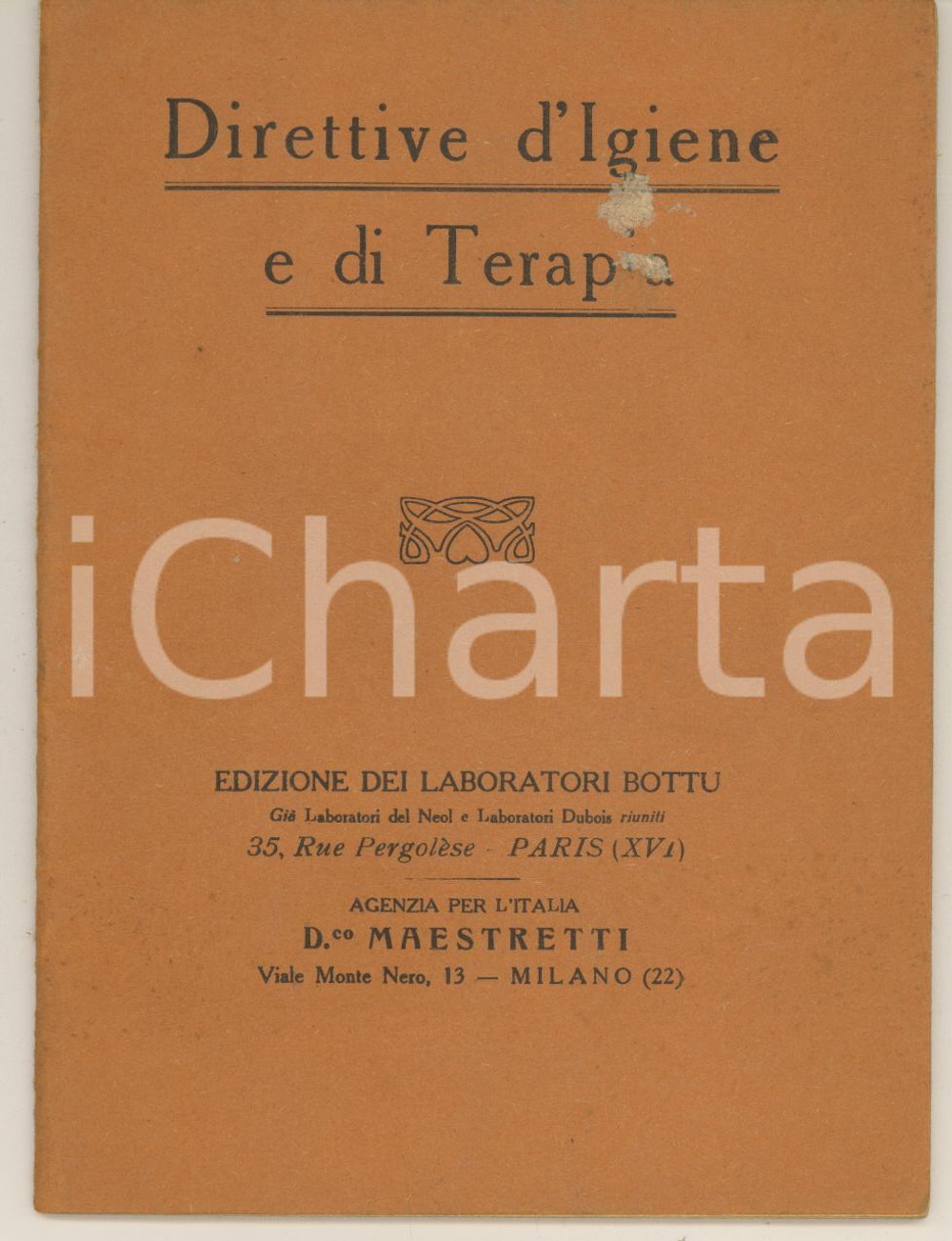 1915 ca Farmaceutica BOTTU - Direttive d'Igiene e di Terapia *Libretto 28 pp. Pubblicazione spillata, originale d'epoca, a cura dei Laboratori Farmaceutici Bottu (Paris, rue Pergolèse).(Rif. A177)PAGINE: 28 CONDIZIONI:FAIR/discreto residuo cartaceo in copertinaFORMATO: 12x16 cm originale e autentica 1