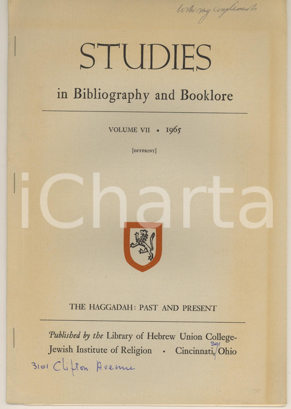 1965 Joseph GUTMANN The Illuminated Medieval Passover Haggadah *Invio AUTOGRAFO Pubblicazione spillata, originale d'epoca, con illustrazioni b/n e invio autografo in copertina.Estratto da "Studies in Bibliography and Booklore" , vol. VII.(Rif. A203)PAGINE: 25EDITORE: Hebrew Union College - Jewish Institute of Religion, Cincinnati, Ohio CONDIZIONI:FAIR/discreto lievi piegature marginali e ingiallimentoFORMATO: 18x26 cm originale e autentica 1