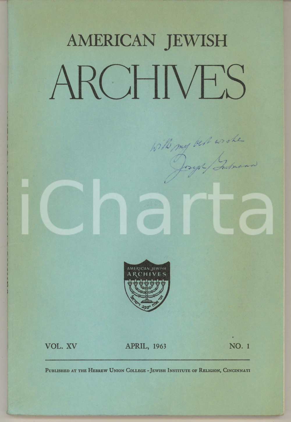 1963 Joseph GUTMANN Jewish Participation in the Visual Arts *AUTOGRAFO Pubblicazione originale d'epoca.Si tratta della rivista "American Jewish Archives", vol XV, n° 1 di aprile 1963, contenente i contributi di Nathaniel L. Nathanson e Joseph Gutmann, con invio autografo di quest'ultimo in copertina.(Rif. A204)PAGINE: 94 CONDIZIONI:GOOD/buono ma piegature in coeprtina, con ingiallimentoFORMATO: 16x24 cm originale e autentica 1