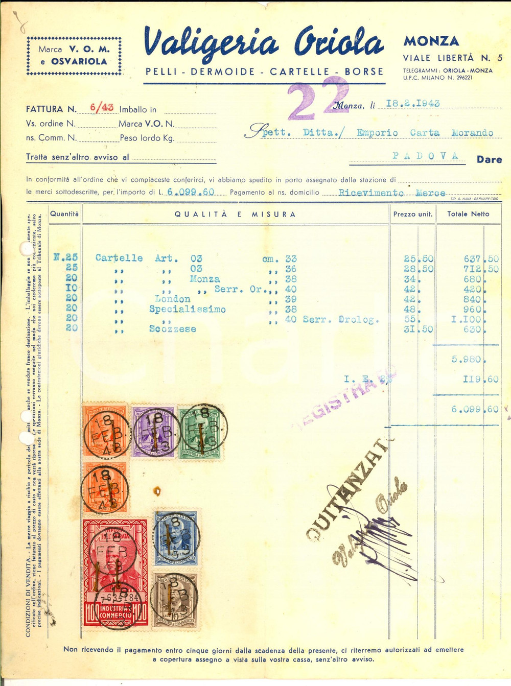 Documento originale, autentico 1943 MONZA Valigeria ORIOLA  Pelli  dermoide Fattura commerciale con bolli 1