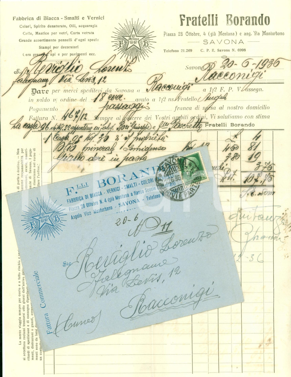 Documento originale, autentico 1936 SAVONA Fratelli BORANDO fabbrica biacca smalti vernici Fattura commerciale 1