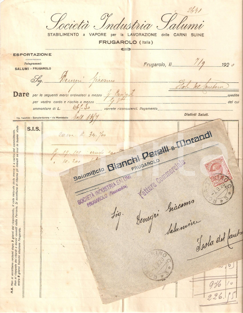 Oggetto da collezione cartaceo 1920 FRUGAROLO AL Società Industria Salumi Lavorazione carni suine Fatture 1