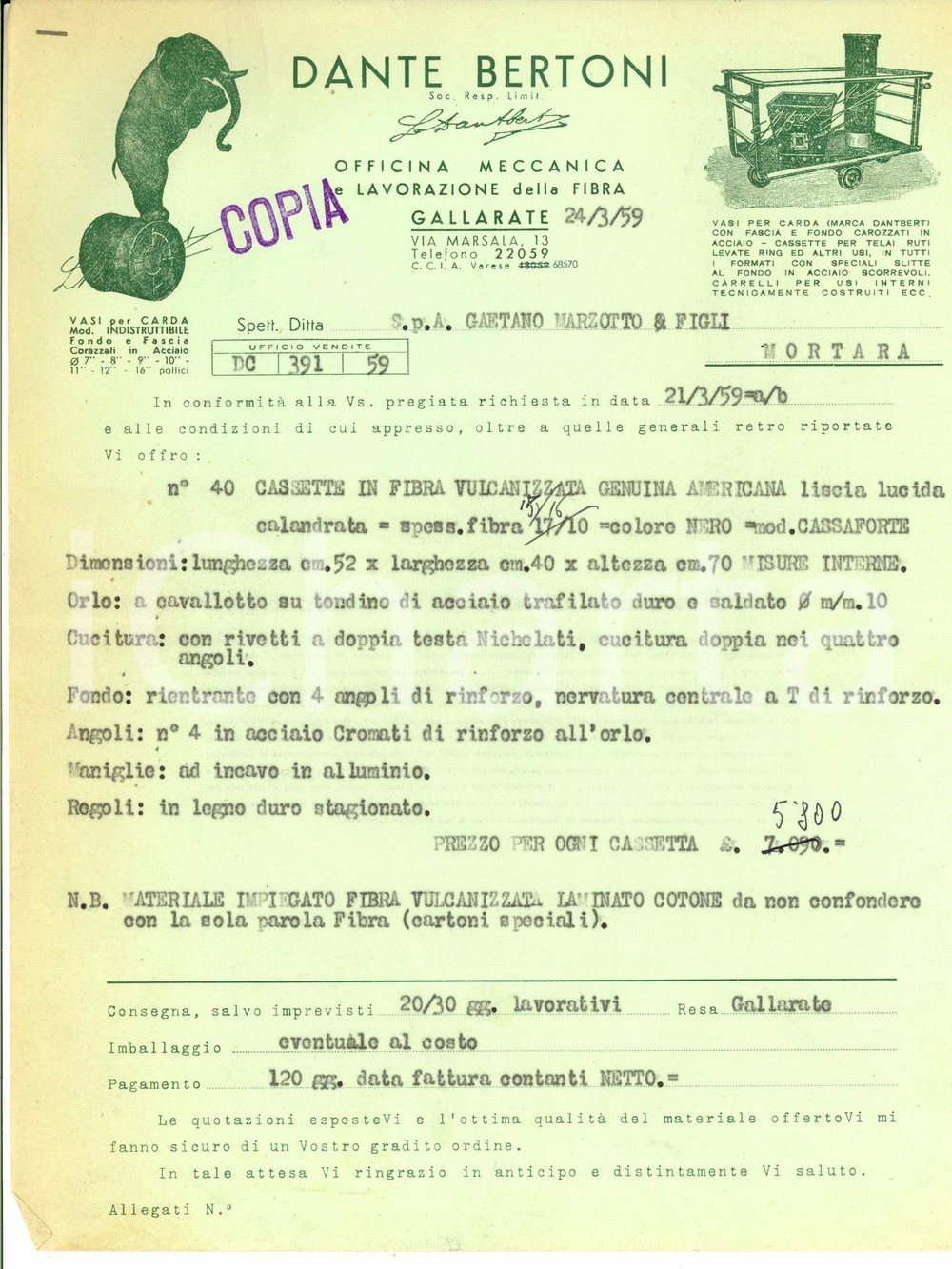 Documento originale, autentico 1959 GALLARATE VA Officina meccanica Dante BERTONI  Preventivo cassette 1