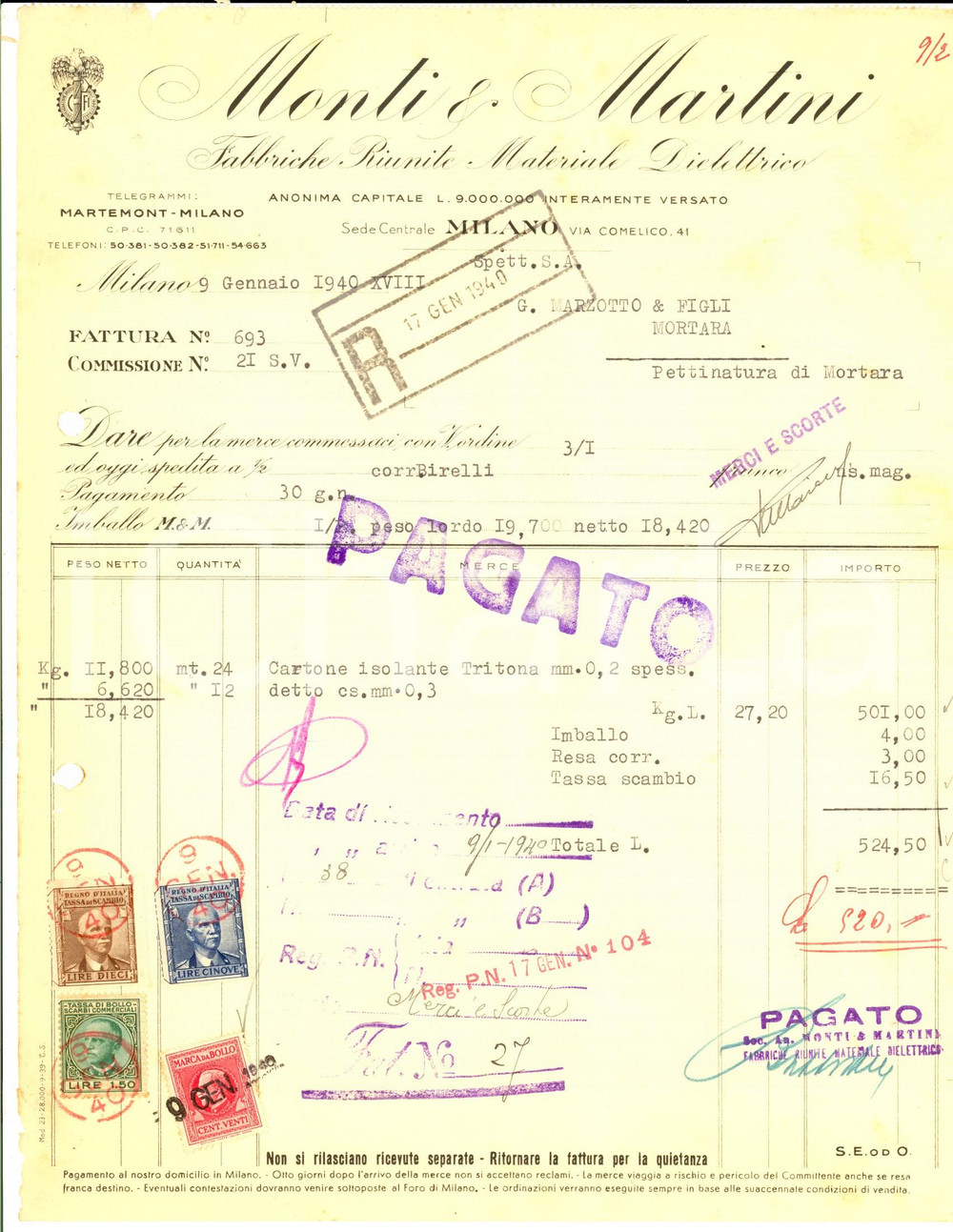 Documento originale, autentico 1940 MILANO Fabbriche Riunite MONTI & MARTINI Materiale elettrico Fattura 1