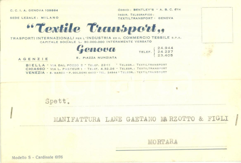 Cartolina originale da collezione 1959 GENOVA Trasporti Internazionali TEXTILE TRANSPORT Cartolina commerciale 1