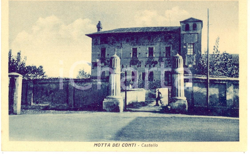 Cartolina originale da collezione 1930 ca MOTTA DEI CONTI VC Entrata e facciata del Castello Cartolina ANIMATA 1