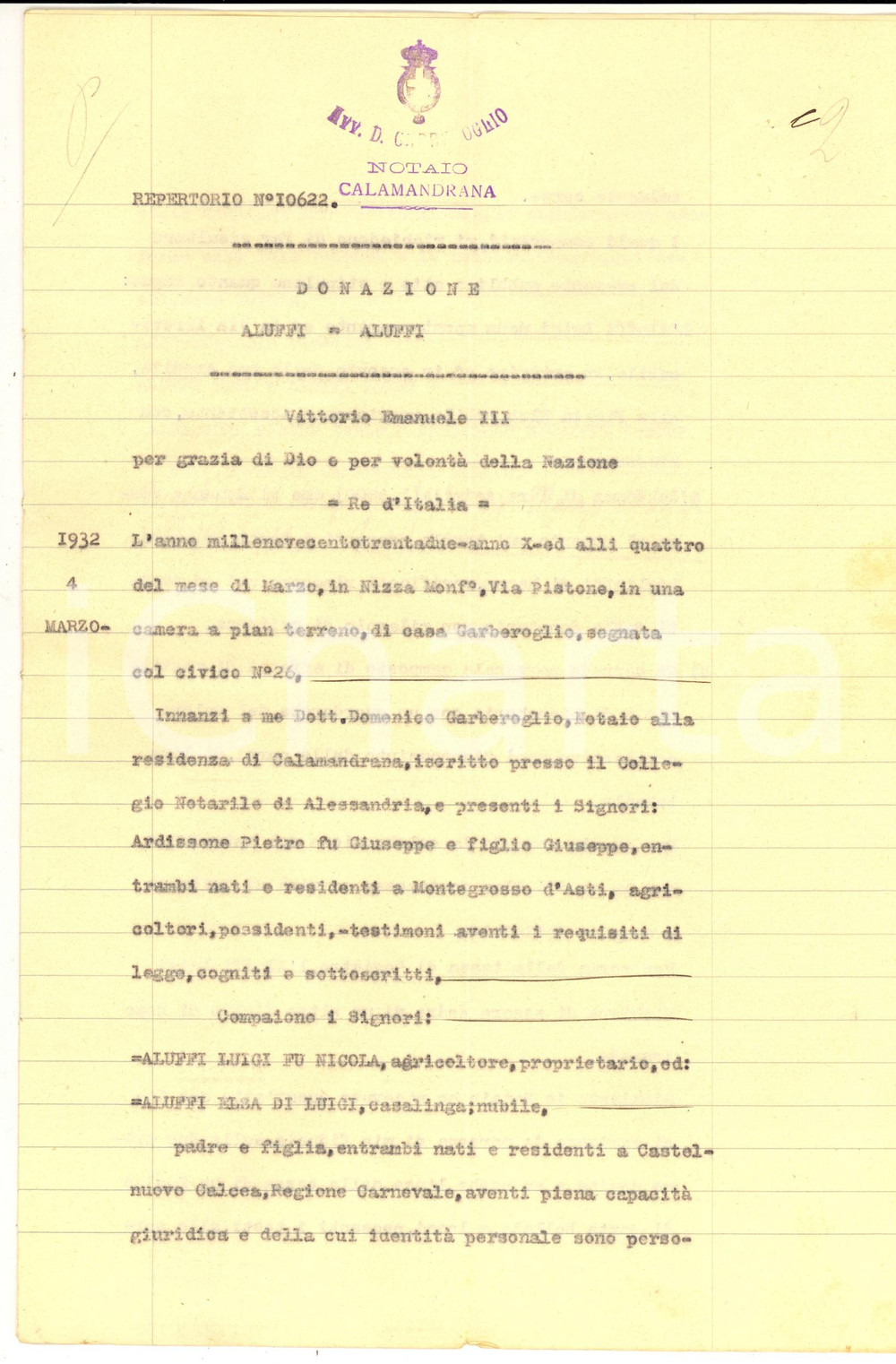 Documento originale, autentico 1932 CASTELNUOVO CALCEA Donazione Luigi ALUFFI per corredo a sua figlia Elsa 1