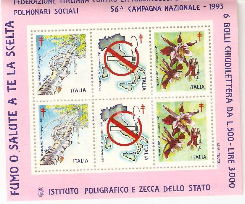 Oggetto da collezione cartaceo 1993  56 Campagna prevenzione TUBERCOLOSI 6 Erinnofili contro il fumo 1