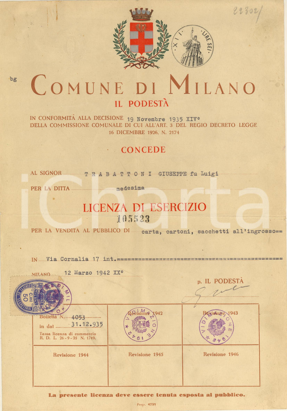 1942 MILANO Licenza di esercizio a Giuseppe TRABATTONI vendita carta e sacchetti Licenza d'esercizio originale d'epoca, rilasciata dal comune di Milano.(Rif. A213) CONDIZIONI:POOR/danneggiato piegature d'epoca; piccoli fori al lato superiore e minimo strappo marginaleFORMATO: 21x30 cm originale e autentica 1