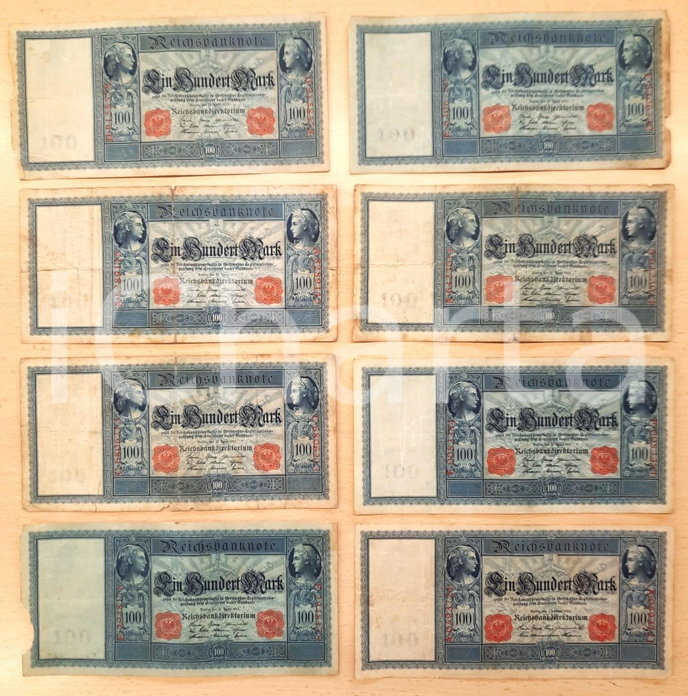 1910 GERMANIA Reichsbanknote - Lotto 8 banconote 100 marchi - 100 mark Lotto di 8 banconote, originali d'epoca, da 100 marchi dell'Impero tedesco.(Rif. A232) CONDIZIONI:FAIR/discreto piegature d'epocaFORMATO: 21x10 cm originale e autentica 1