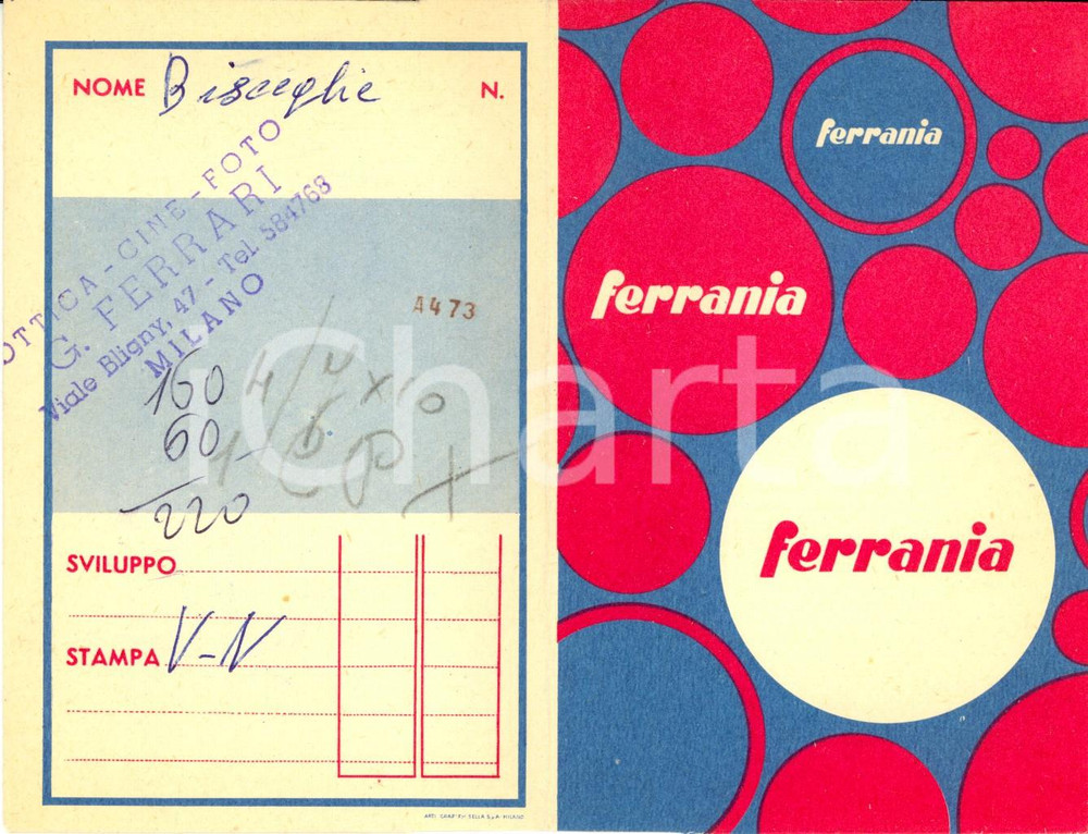 Materiale pubblicitario d’epoca 1950 ca MILANO Ottica foto G. FERRARI Portafotografie Pubblicità FERRANIA 1