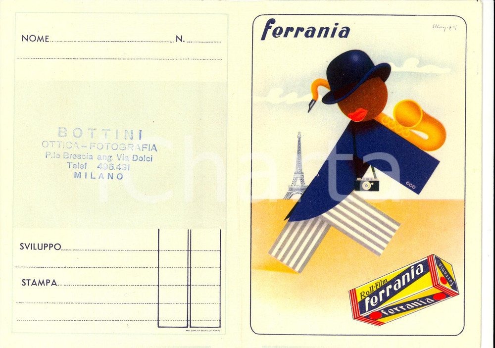 Materiale pubblicitario d’epoca 1950 ca MILANO Ottica fotografia BOTTINI Portafotografie Ill. MINGOZZI FERRANIA 1