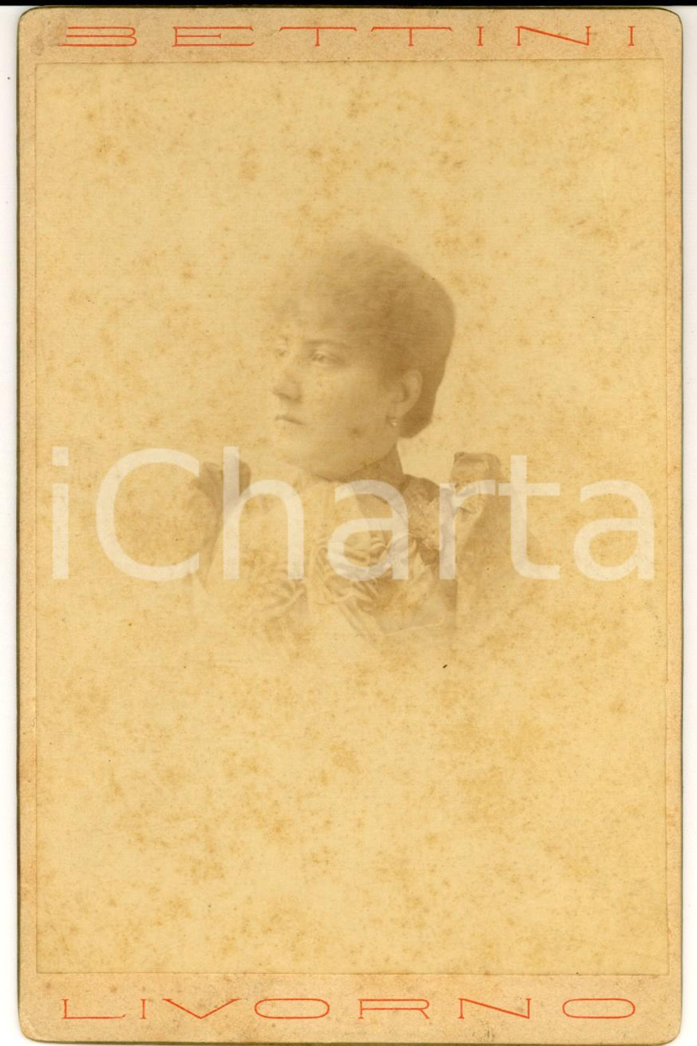 Fotografia d epoca originale 1880 ca LIVORNO Ritratto di donna con foulard a righe Foto BETTINI 1