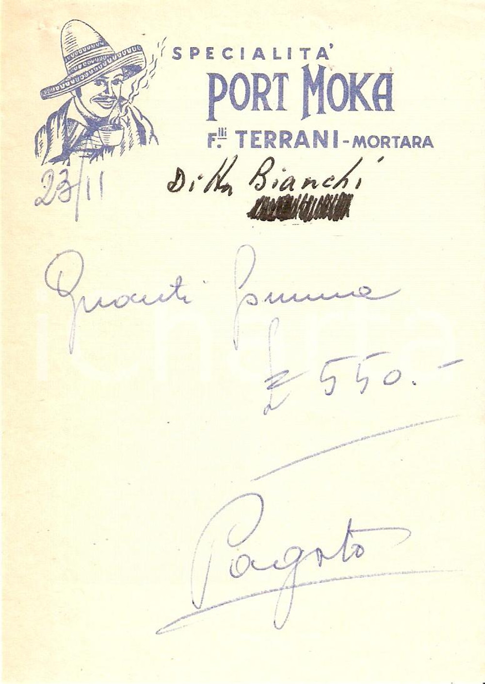 Materiale pubblicitario d’epoca 1967 MORTARA PV Ditta Fratelli TERRANI Caffè PORT MOKA Ricevuta 10x14 1