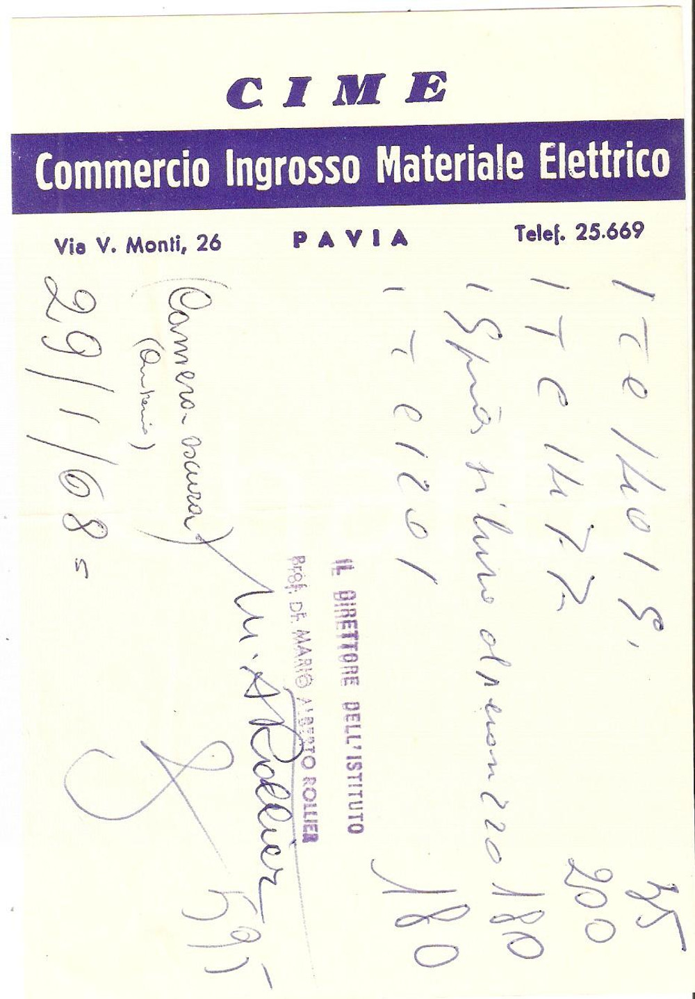 Materiale pubblicitario d’epoca 1968 PAVIA Ditta CIME Commercio Ingrosso Materiale Elettrico Ricevuta 11x16 1