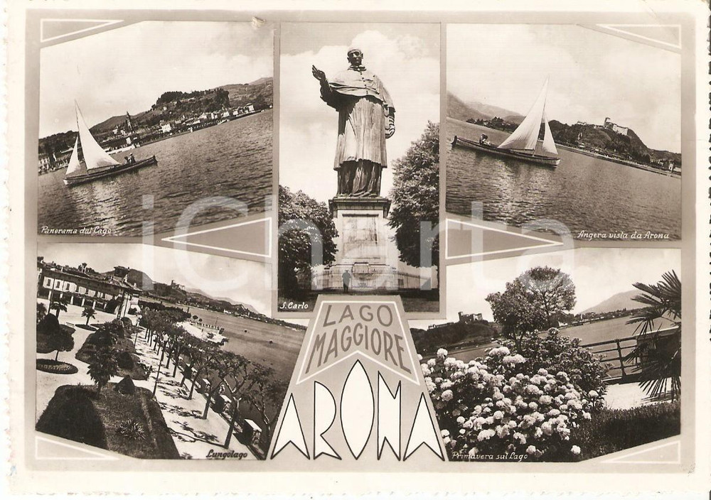 Cartolina originale da collezione 1955 ca ARONA Vedutine Statua SAN CARLO BORROMEO Cartolina FG NV 1