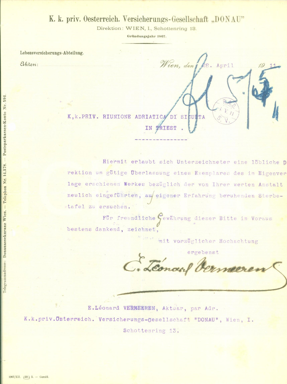 Documento originale, autentico 1911 WIEN Oesterreich. VersicherungsGesellscahft DONAU Lettera commerciale 1