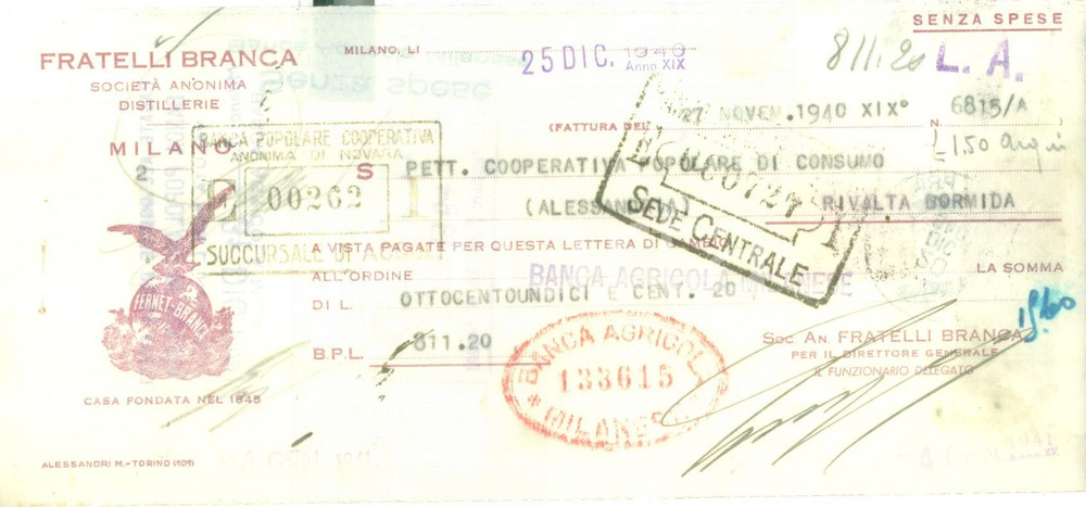 Documento originale, autentico 1935 MILANO Fratelli BRANCA società anonima distillerie Cambiale pubblicitaria 1