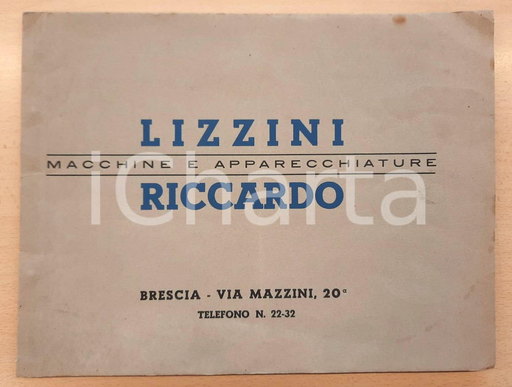 1943 BRESCIA - LIZZINI RICCARDO - Catalogo macchine e apparecchi per meccanica Catalogo originale d'epoca, illustrato b/n.(Rif. A183)PAGINE: 12 CONDIZIONI:FAIR/discreto buone condizioni interne, ma piegatura verticale che interessa tutto il fascicolo, lievi macchie in copertina e tracce di ruggine alla legaturaFORMATO: 30x23 cm originale e autentica 1