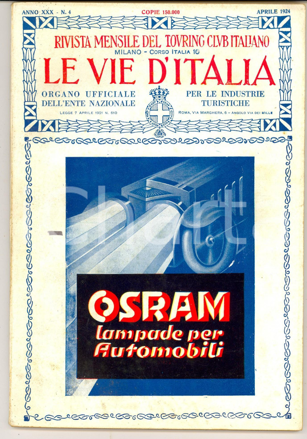 Giornale, rivista storica 1924 LE VIE D ITALIA TCI Museo della Vittoria a ROVERETO Rivista anno XXX n.4 1
