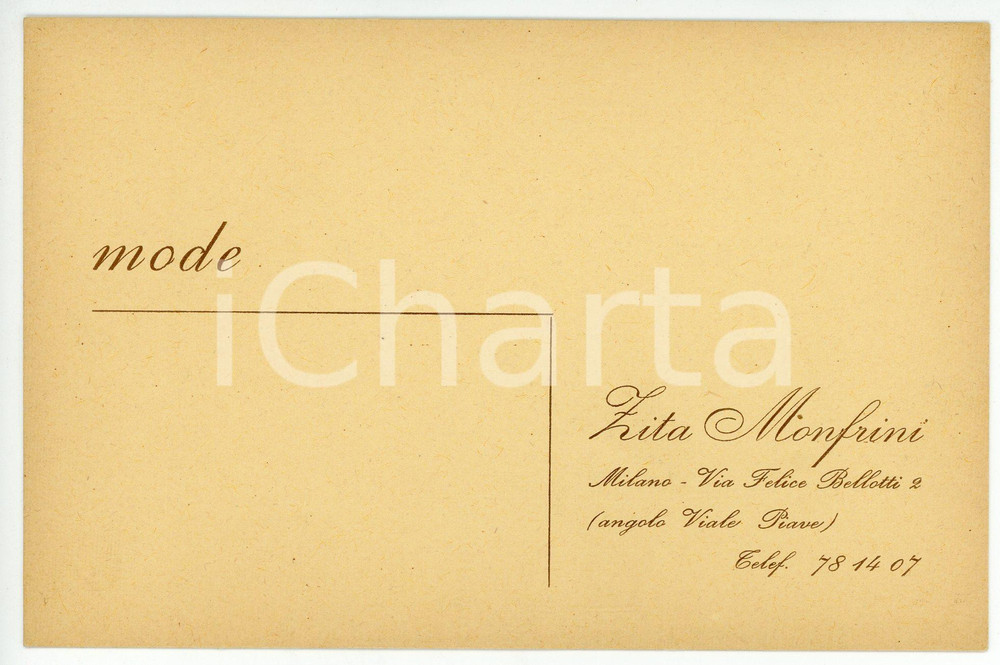 1950 ca MILANO Via Felice Bellotti 2 MODE di Zita MONFRINI Biglietto da visita Biglietto da visita d'epoca. CONDIZIONI:FAIR/discreto Lievi brunitureFORMATO: 16x10 cm originale e autentica 1
