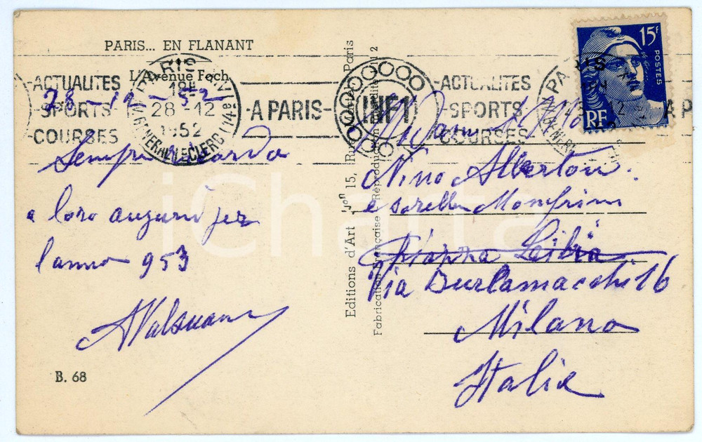 Autografo originale 1952 PARIGI Scultore Attilio VALSUANI Cartolina con AUTOGRAFO  FP VG 1