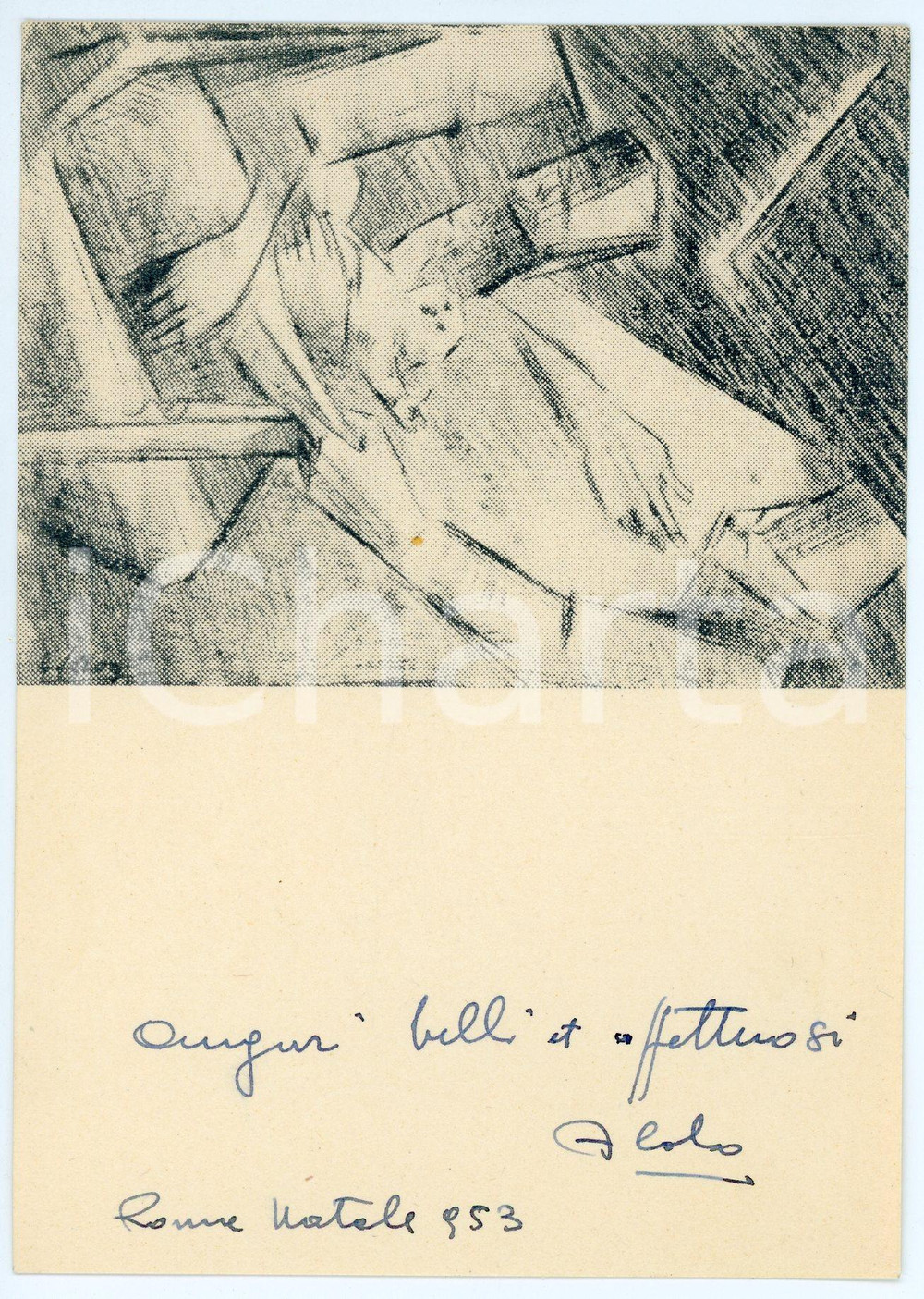 Autografo originale 1953 ROMA Scultore Aldo CARON Biglietto di auguri AUTOGRAFO 10x15 cm 1