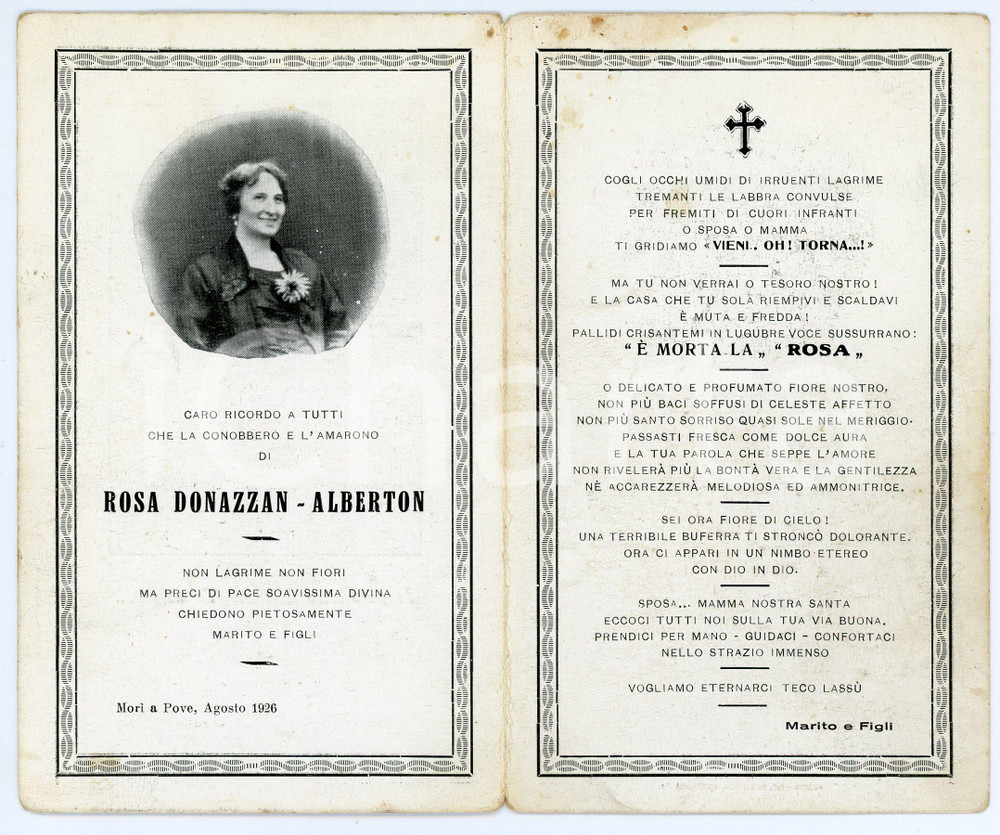 1926 POVE DEL GRAPPPA In memoria di Rosa DONAZZAN - ALBERTON Santino Santino d'epoca.  CONDIZIONI:POOR/danneggiato Macchie e aloni diffusi, smussature agli angoli, brunitureFORMATO: 9x14 cm originale e autentica 1