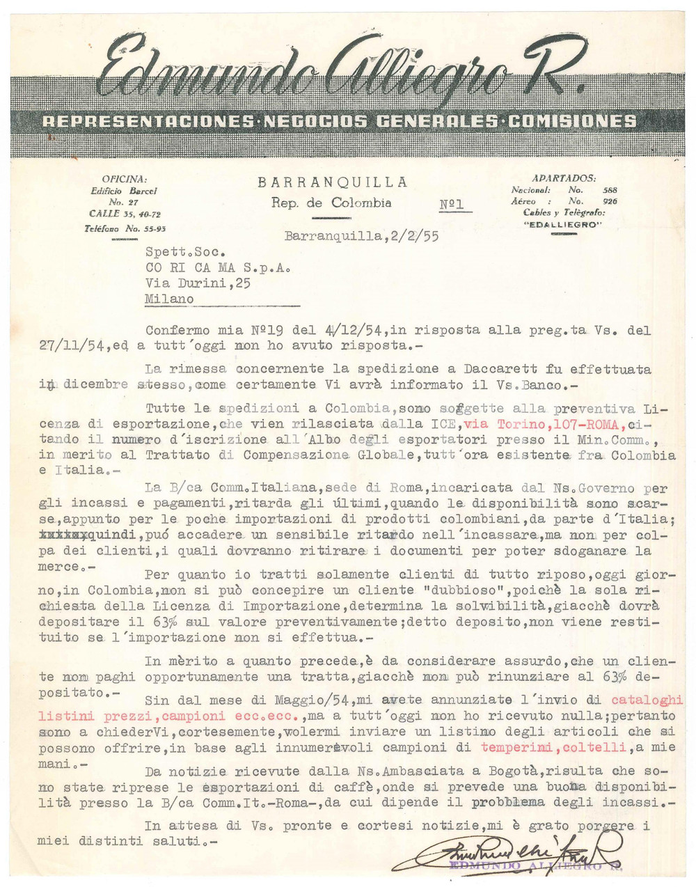 Documento originale, autentico 1955 BARRANQUILLA COLOMBIA Edmundo CILLIEGRO Negocios  Lettera commerciale 1