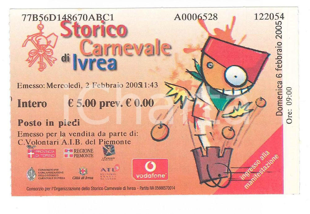Oggetto da collezione cartaceo 2005 CARNEVALE DI IVREA Biglietto Volontari AIB del Piemonte  10x7 3 1