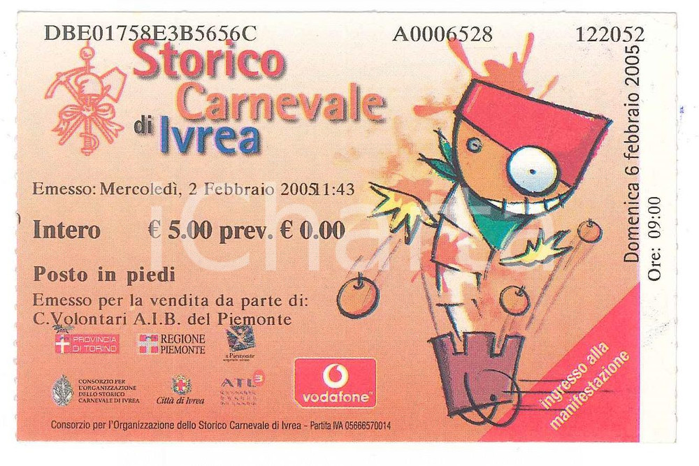 Oggetto da collezione cartaceo 2005 CARNEVALE DI IVREA Biglietto Volontari AIB del Piemonte  10x7 2 1