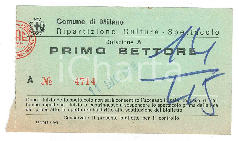 Oggetto da collezione cartaceo 1979 COMUNE DI MILANO Ripartizione cultura spettacolo  Biglietto primo settore 1