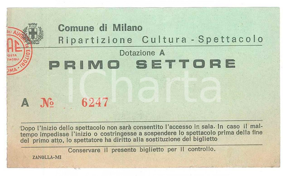 Oggetto da collezione cartaceo 1979 COMUNE DI MILANO Ripartizione cultura spettacolo Biglietto primo settore 1